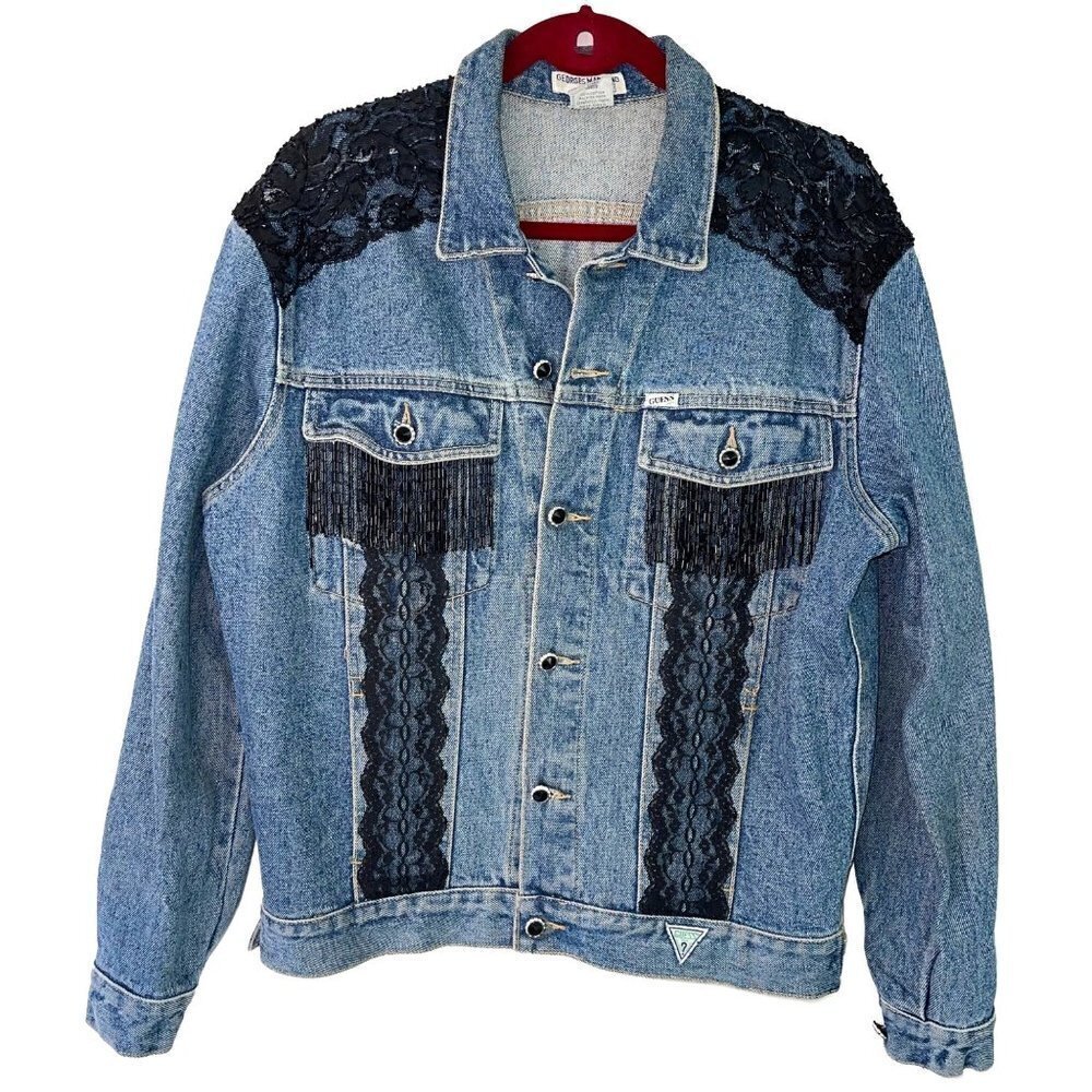 Guess Womens Jacket Blue Size Medium Unisex Vintage Upcycled Denim Cotton Lace
